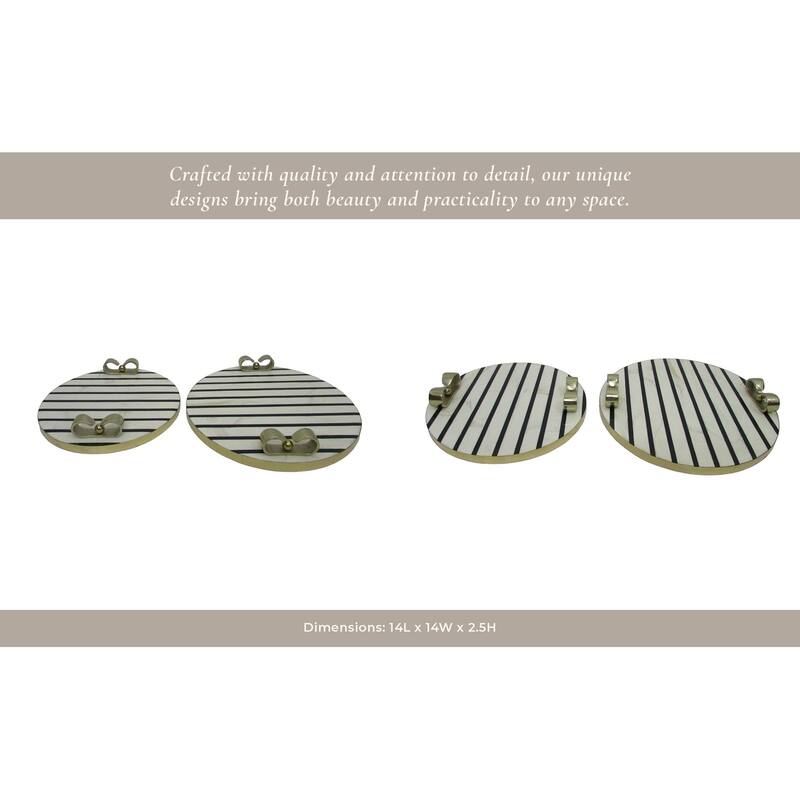 Resin Trays Round Striped with Bow Handles (Set of 2) - 3" Cream - 14" x 14" x 2.5"