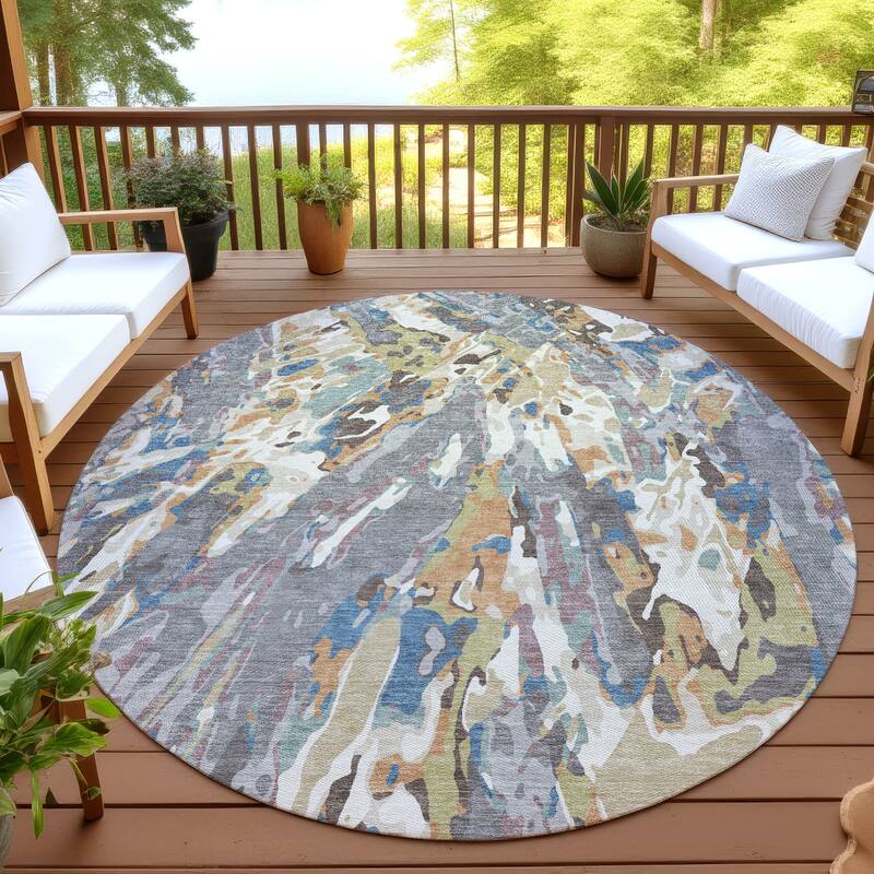 Machine Washable Indoor/ Outdoor Brushstrokes Chantille Rug - Gray - 8' x 8'