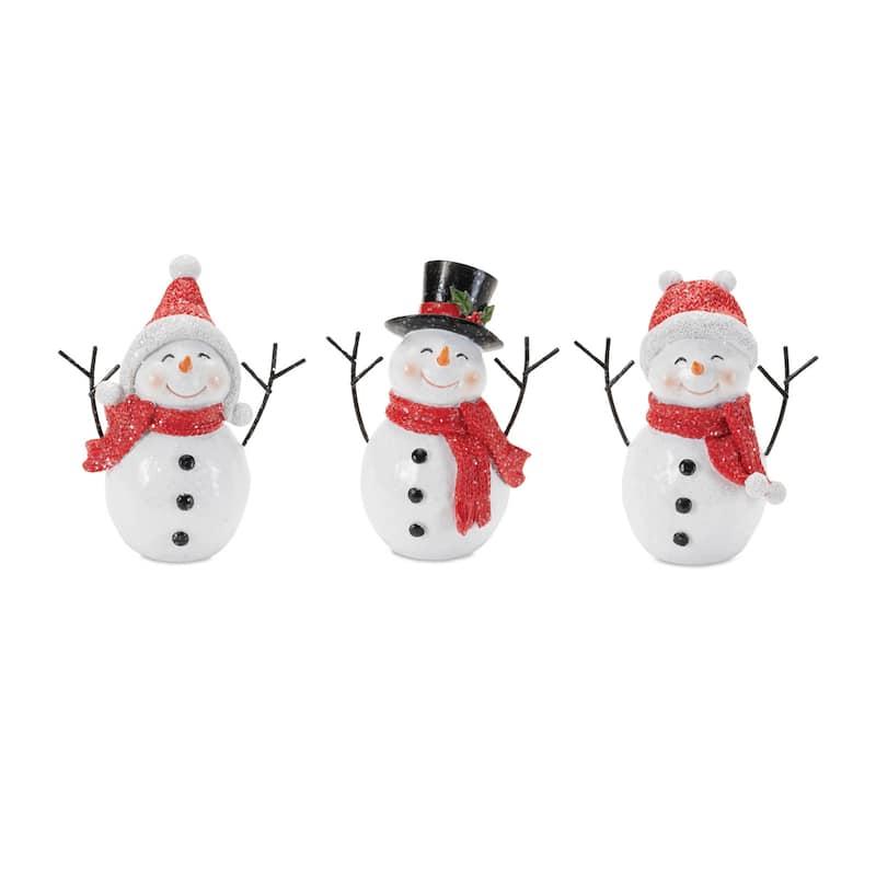 HomeRoots Set of Three Red And White Polyresin Christmas Snowman Figurines - 4.50 in. x 5.00 in. x 2.75 in.