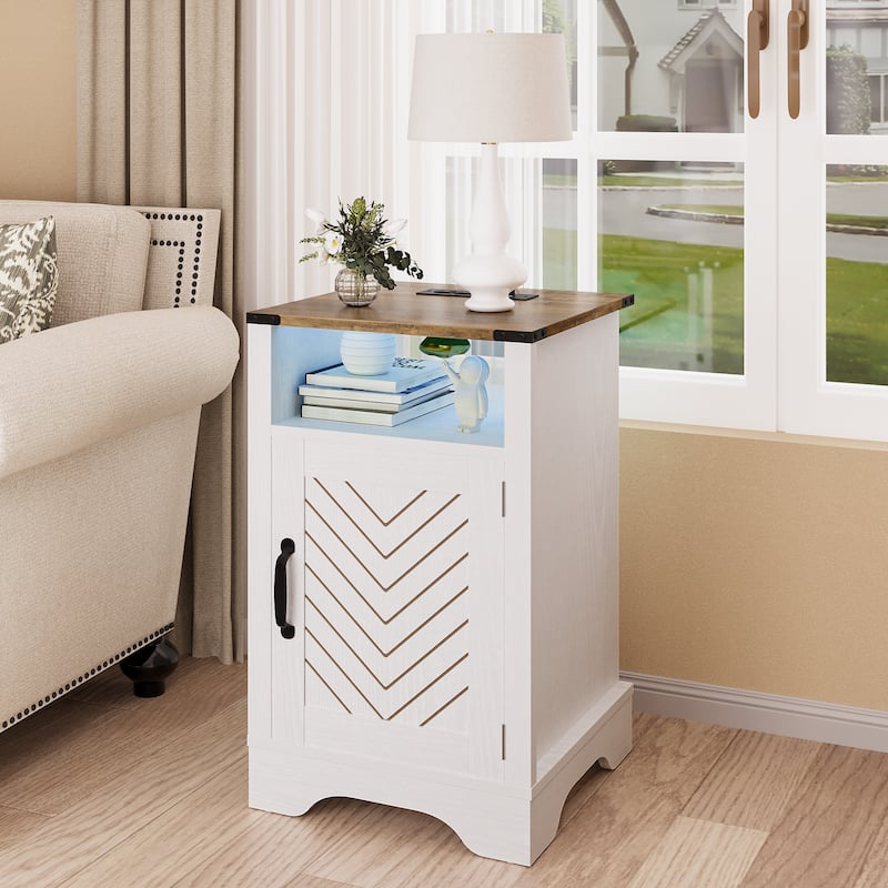 Farmhouse Nightstand Set of 2 With LED Lights and Charging Station