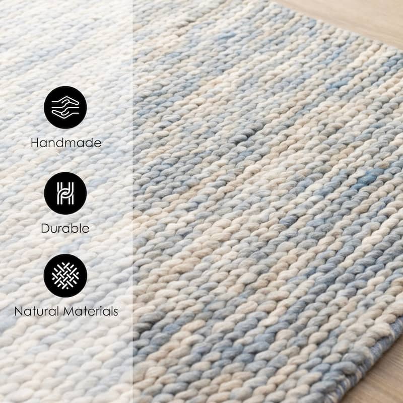 Blue Beige White Wool Handmade Rug