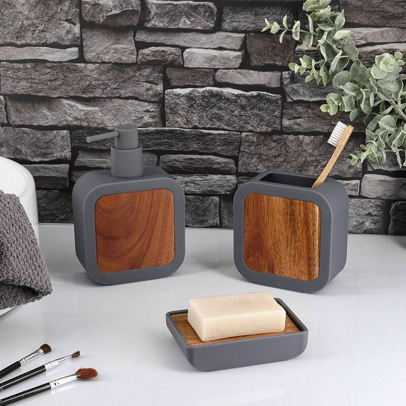 4-Piece Bathroom Accessory Set Rubber and Wood - 4 L x 3.9 W x 15.2 H - Gray/Acacia