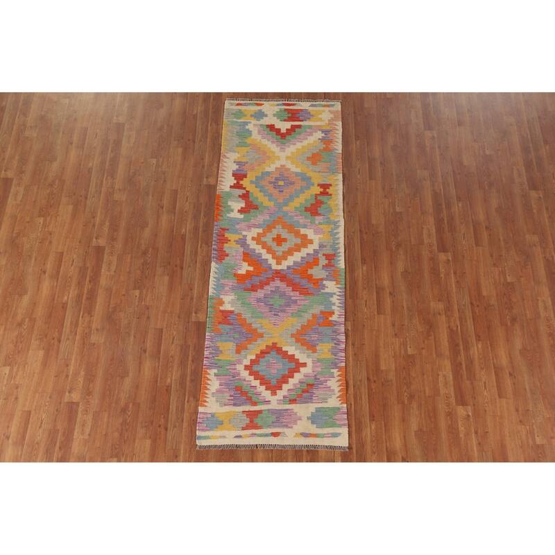Hand Woven Oriental 100% Wool Carpet Southwestern Geometric Multi-Colored Kilim Runner Rug - 7' 10'' X 2' 9''