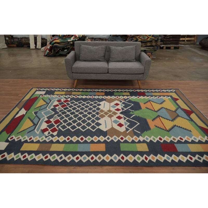 Hand Woven Oriental 100% Wool Carpet Southwestern Modern Multi-Colored Kilim Area Rug - 9' 10'' X 6' 8''