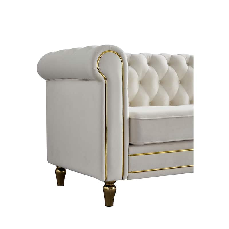 Rolled Arm Chesterfield Velvet Sofa - 84.65" High-Density Foam, Electroplated Legs - Elegant Living Room Accent