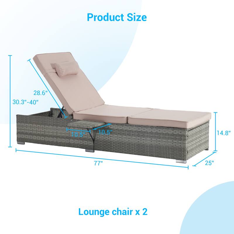 GDFStudio - Amelia Outdoor Chaise Lounge Chair Set of 2 with Adjustable Recline and Side Table for Poolside Relaxation