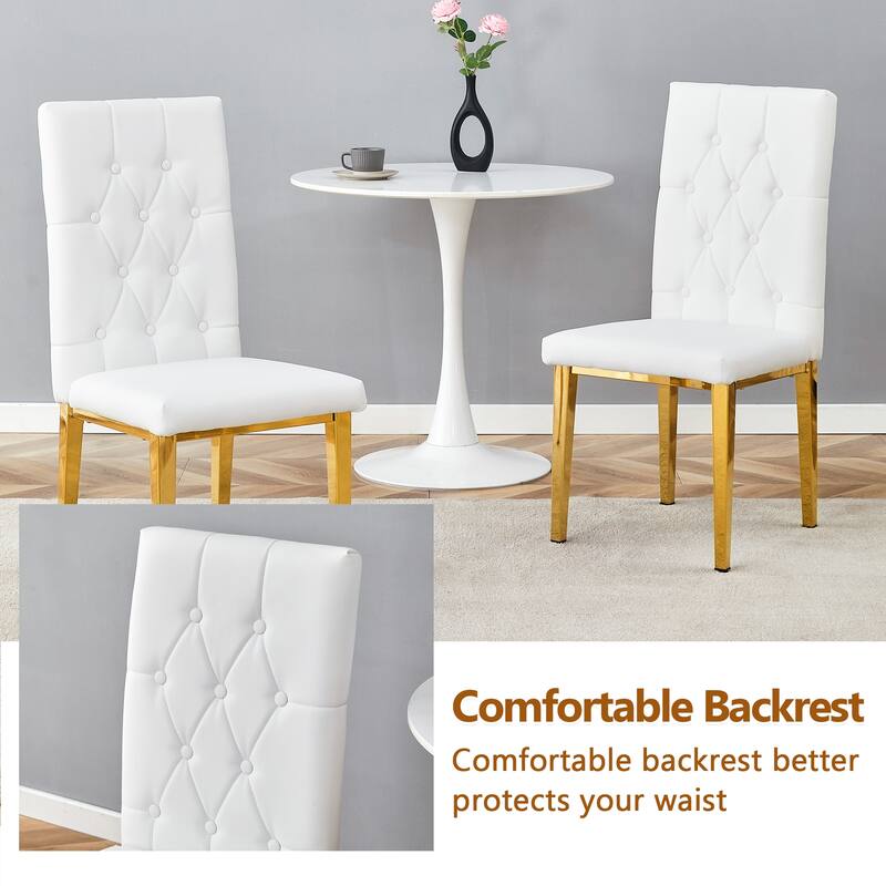 Anmytek Set of 4 White Ergonomic Dining Chairs Grid Buckle Back Design Gold Metal Legsfor Dining Room Banquet