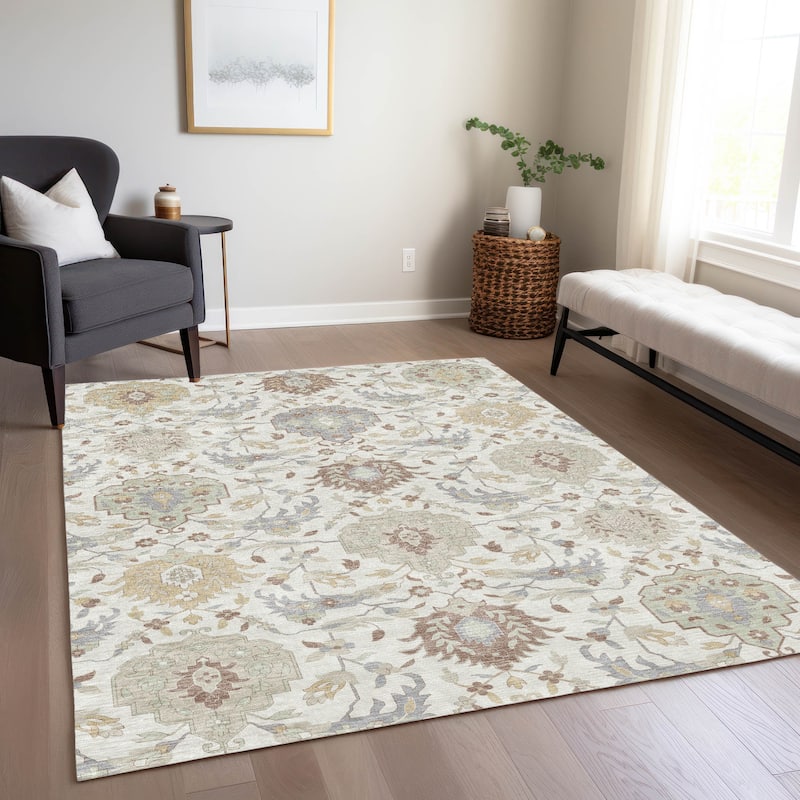 Machine Washable Indoor/ Outdoor Traditional Kashan Chantille Rug - Ivory - 3' x 5'
