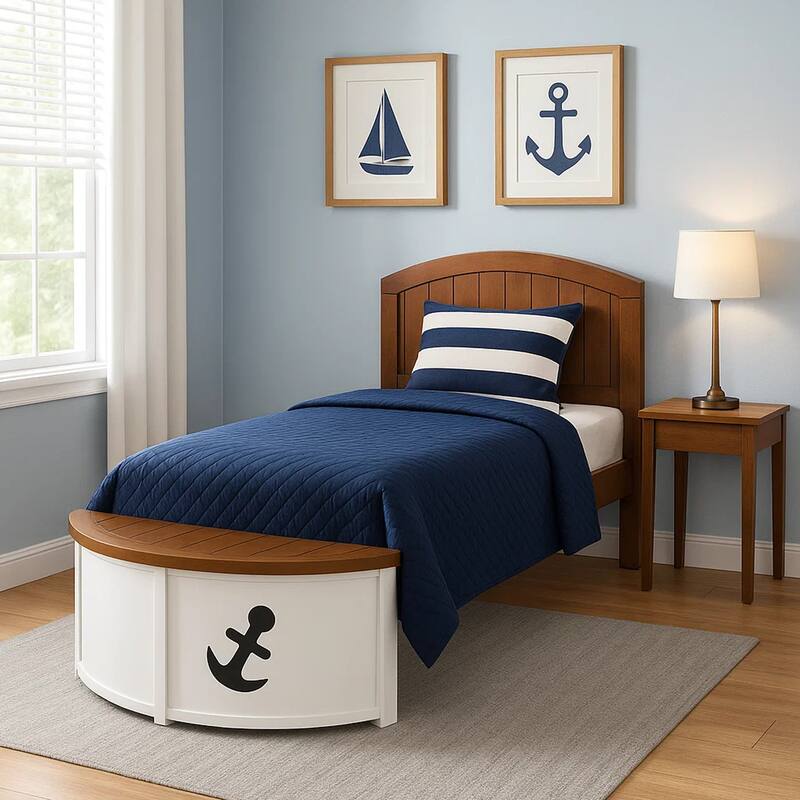 Evon Captain Twin Bed, Built-In Storage, Boat Design, White and Oak Brown