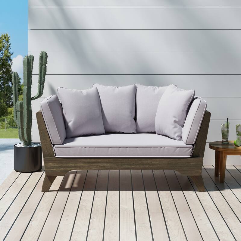 Expandable Daybed with Cushions, Outdoor Couch Acacia Wood Patio Couch with Adjustable Armrests - Grey