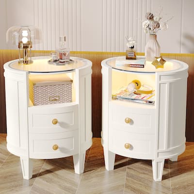 2-Drawer Side Table Nightstand with Open Shelf and LED Lights for Bedroom Living Room