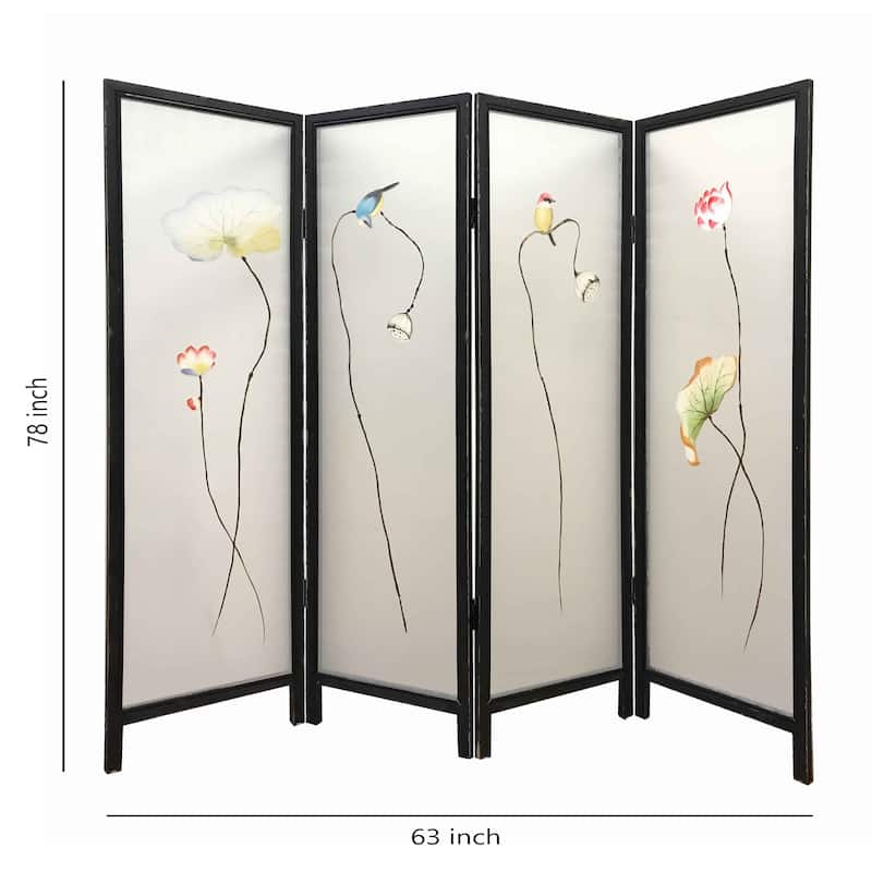 4 Panel Wooden Screen with Hand painted Fabric Design, Brown & Beige
