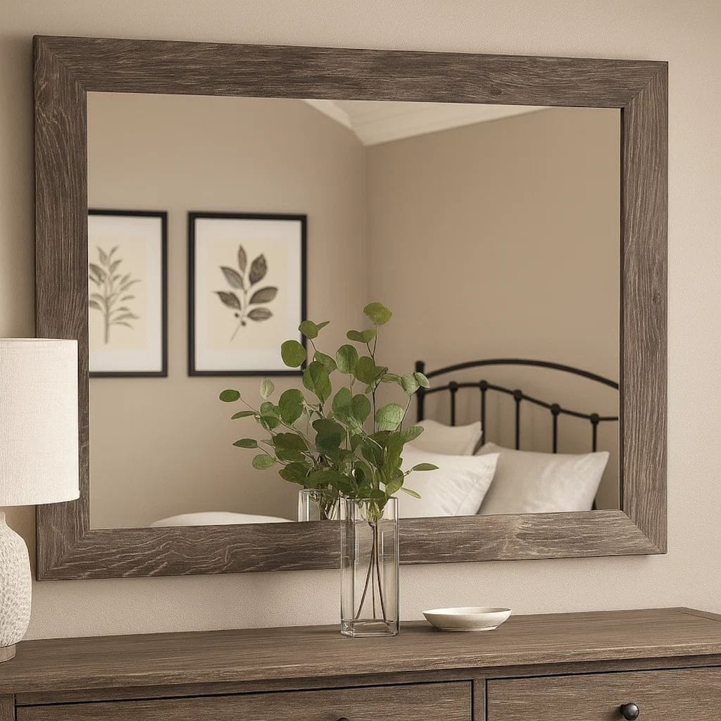 Bedroom Mirror with Replicated Grain Details, Rustic Gray