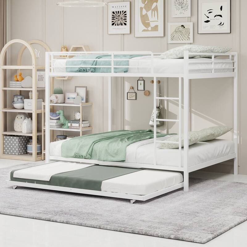 Durable Square Tube Iron Bunk Bed Featuring Safety Rails - White