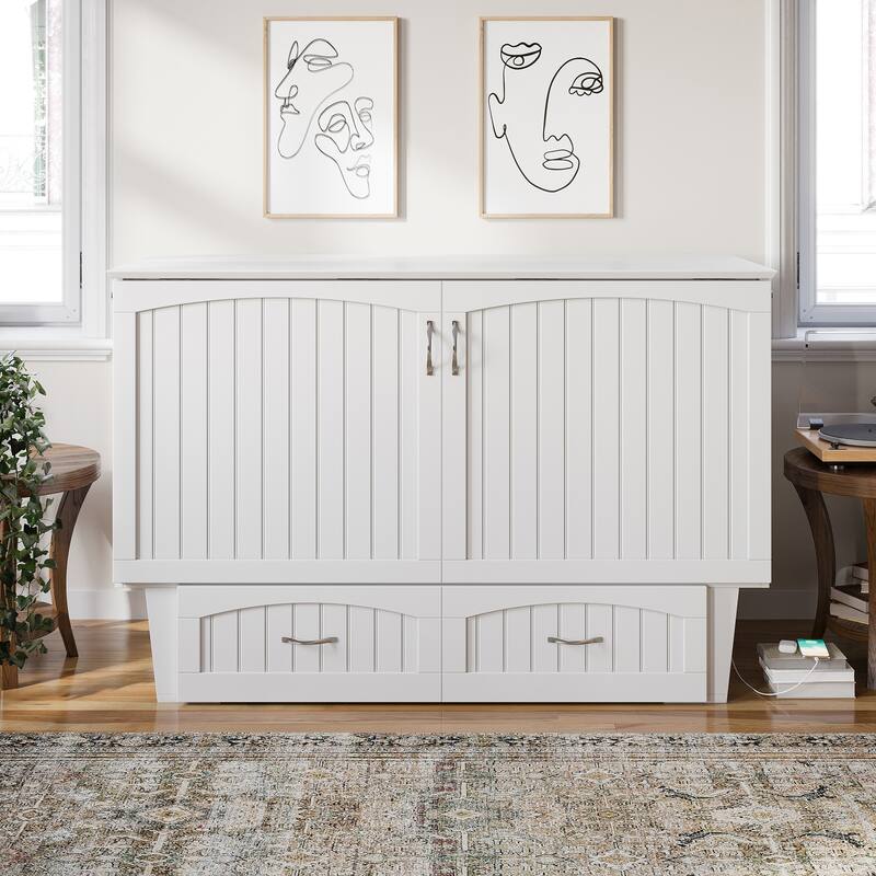 Sydney Queen Murphy Bed Chest with 6" Mattress, Storage Drawer & Built-In Charger in White