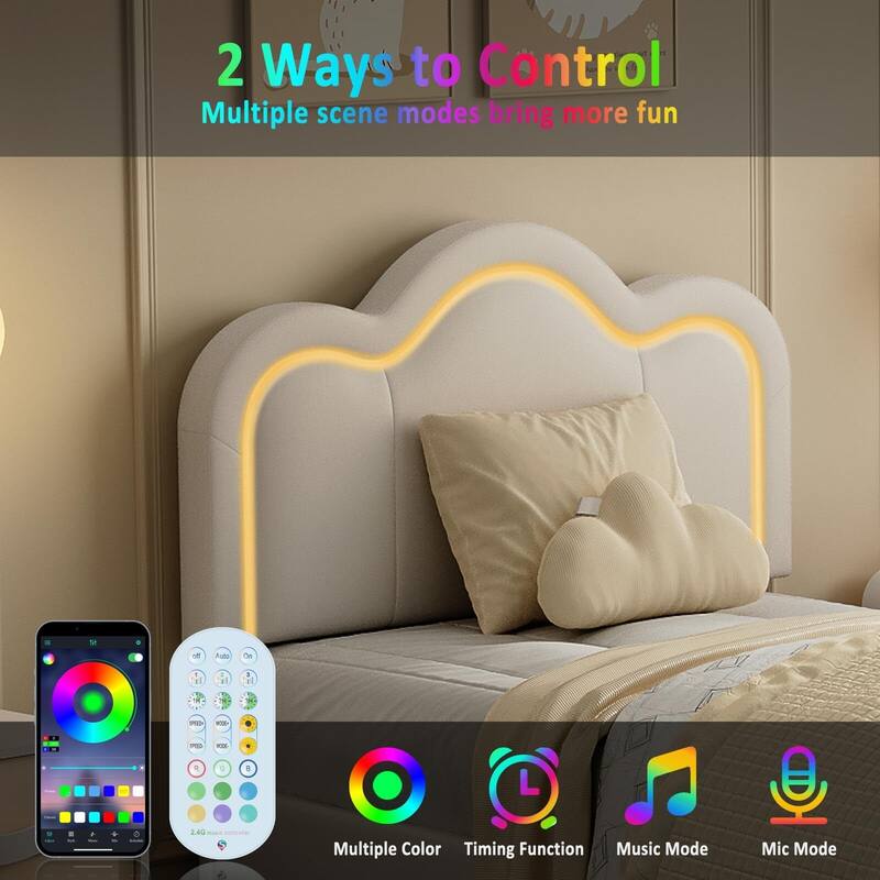 Twin Platform Bed, with LED Light and Adjustable Headboard，With Drawer