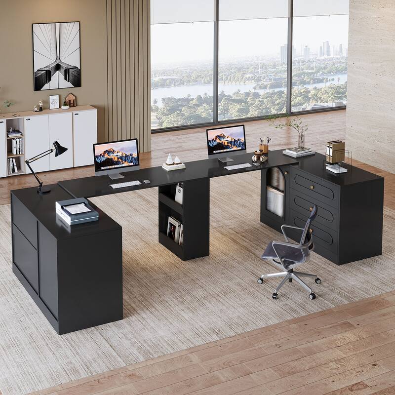 Modern 360° Rotatable Computer Desk, Executive Desk with 3 Drawers