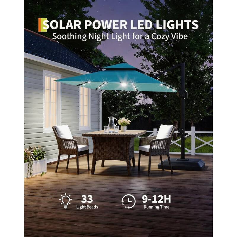 10x10Ft Square Solar LED Cantilever Umbrella , with Weighted Base