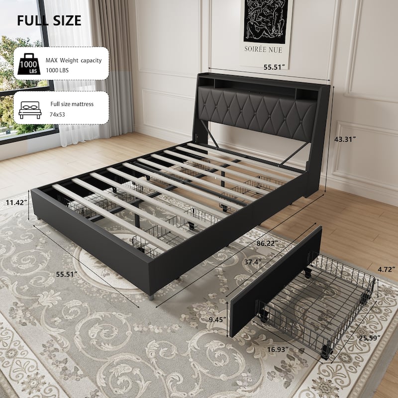 Ergonomic Upholstered Platform Bed with Drawers and Charging Station