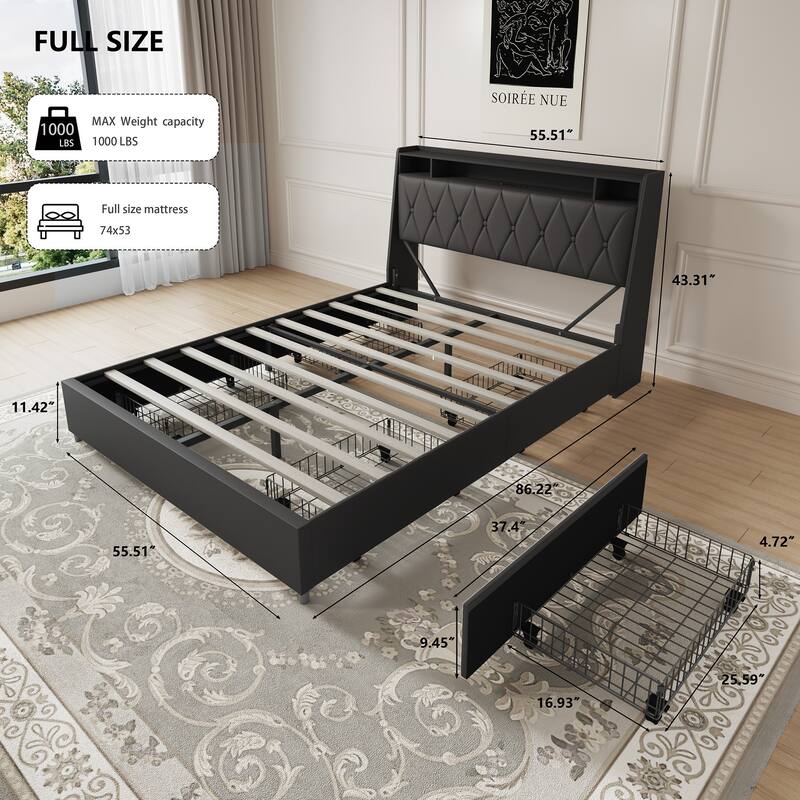 Wooden Platform Bed Frame with 4 Drawers/Ergonomic Upholstered Headboard with Charging Ports & Storage Shelf/Metal Frame Support