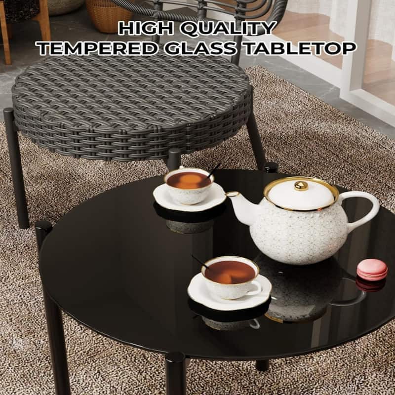 3 Piece Outdoor Bistro Set, Patio Rattan Bistro Set with Coffee Table, Black Steel Frame + Grey Rattan - N/A