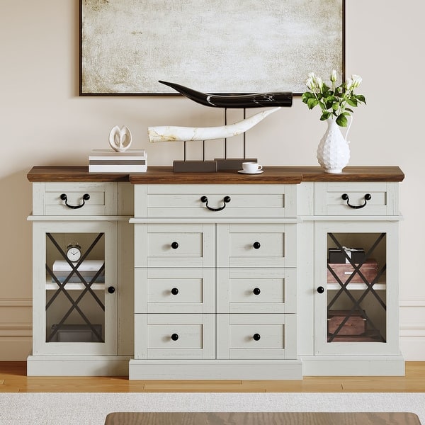 slide 2 of 27, Moasis 59" Farmhouse Coffee Bar Cabinet Buffet Cabinet Sideboard Cabinet With 9 Drawers & Adjustable Shelving White