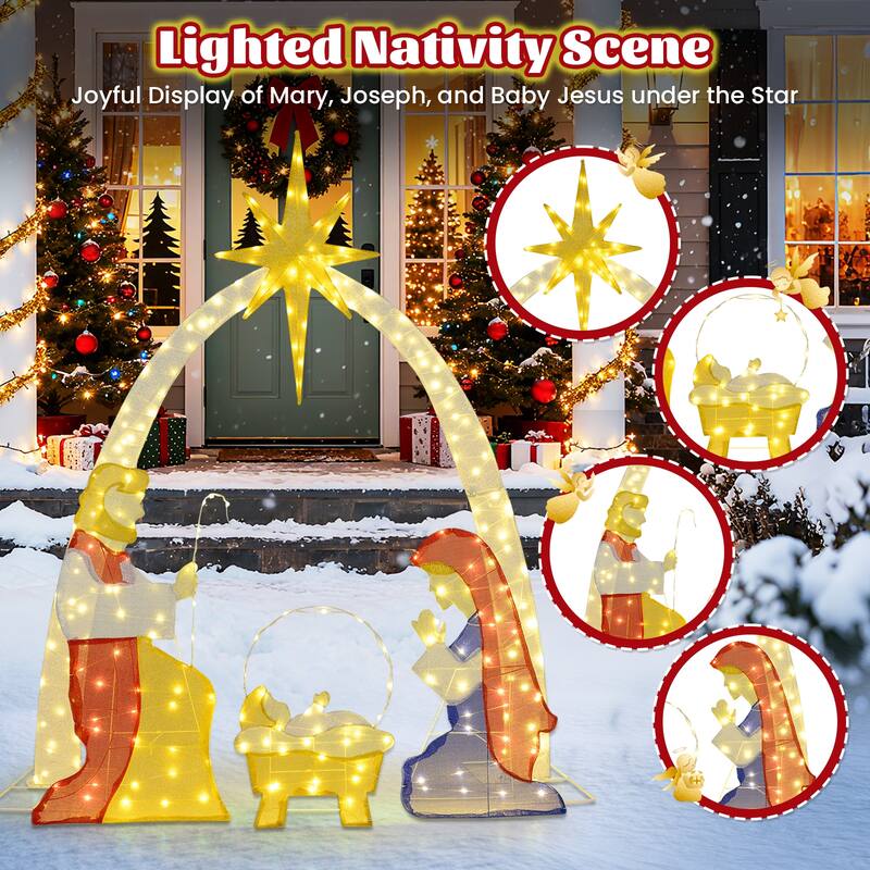 Gymax 6 Ft Outdoor Lighted Nativity Scene w/240 Warm White LED Lights - Multi-Color