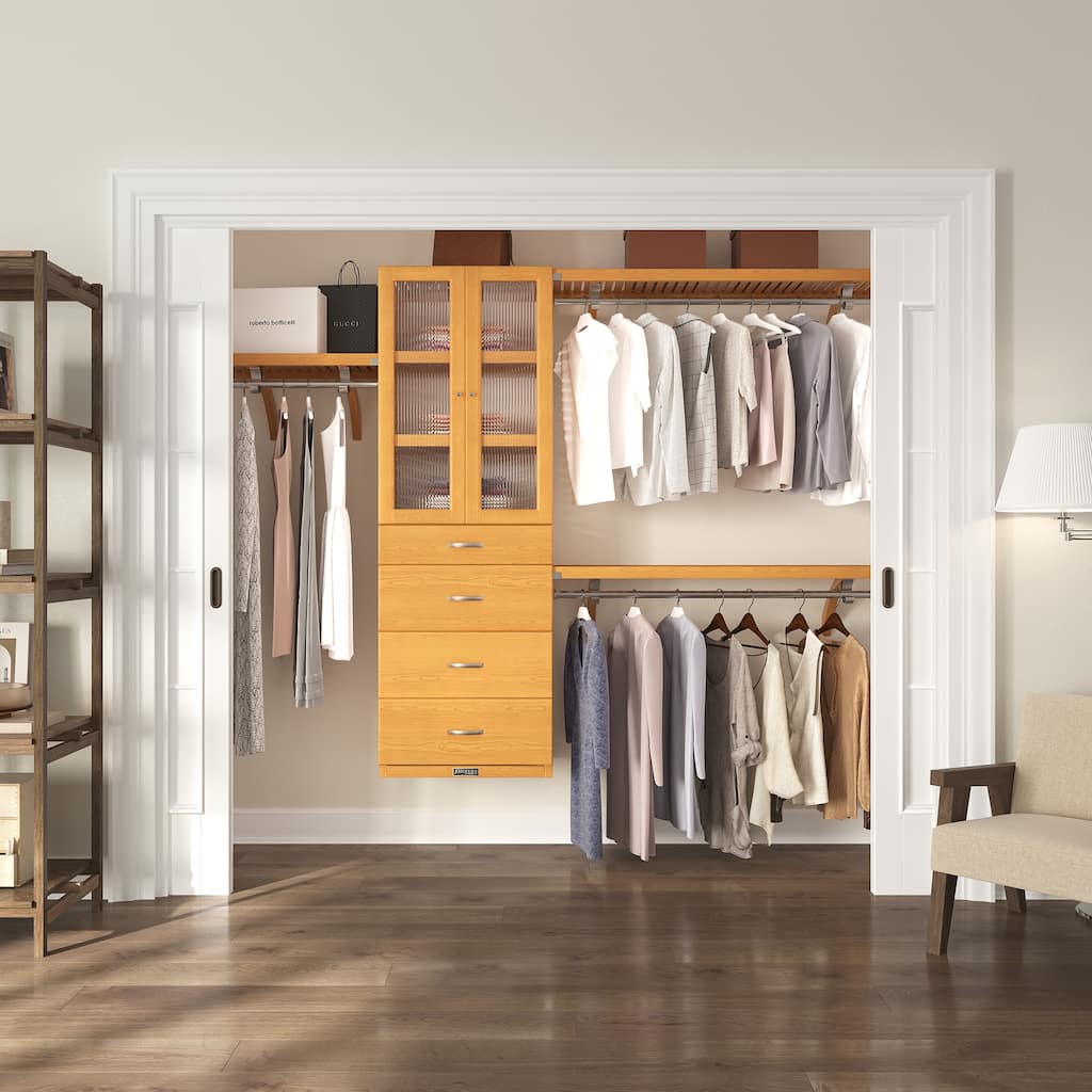 John Louis Home Solid Wood Walk-In Closet System with 4 Drawers and Doors Honey Maple