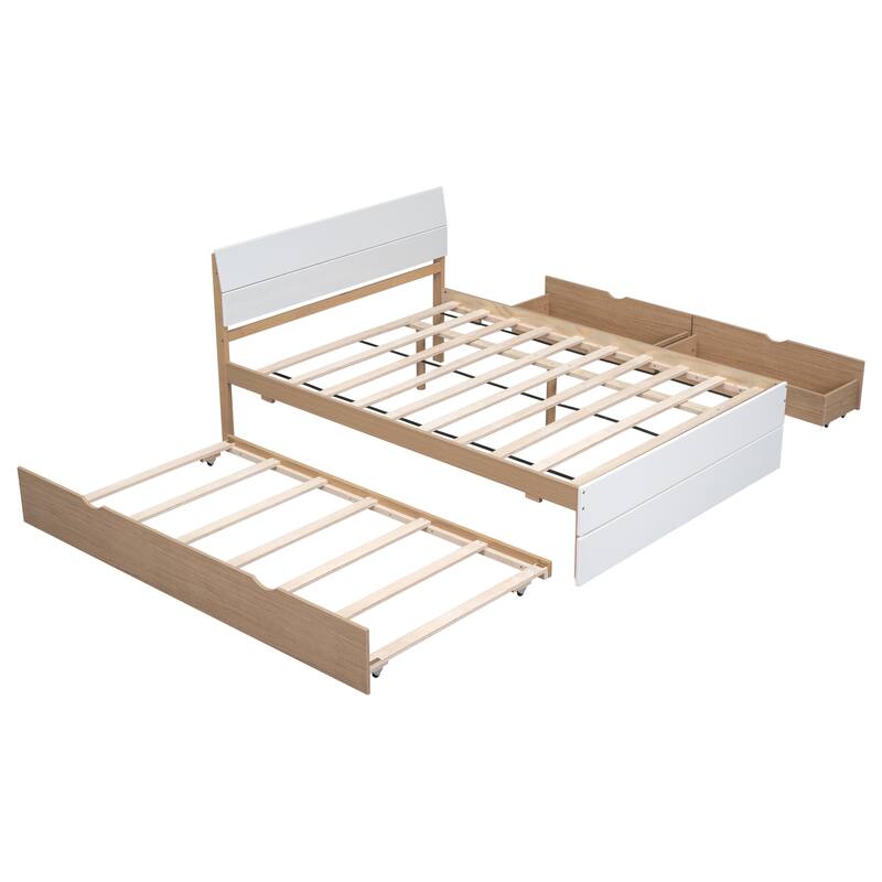 Modern Full Bed Frame With Twin Size Trundle And 2 Drawers, Full Size Bed