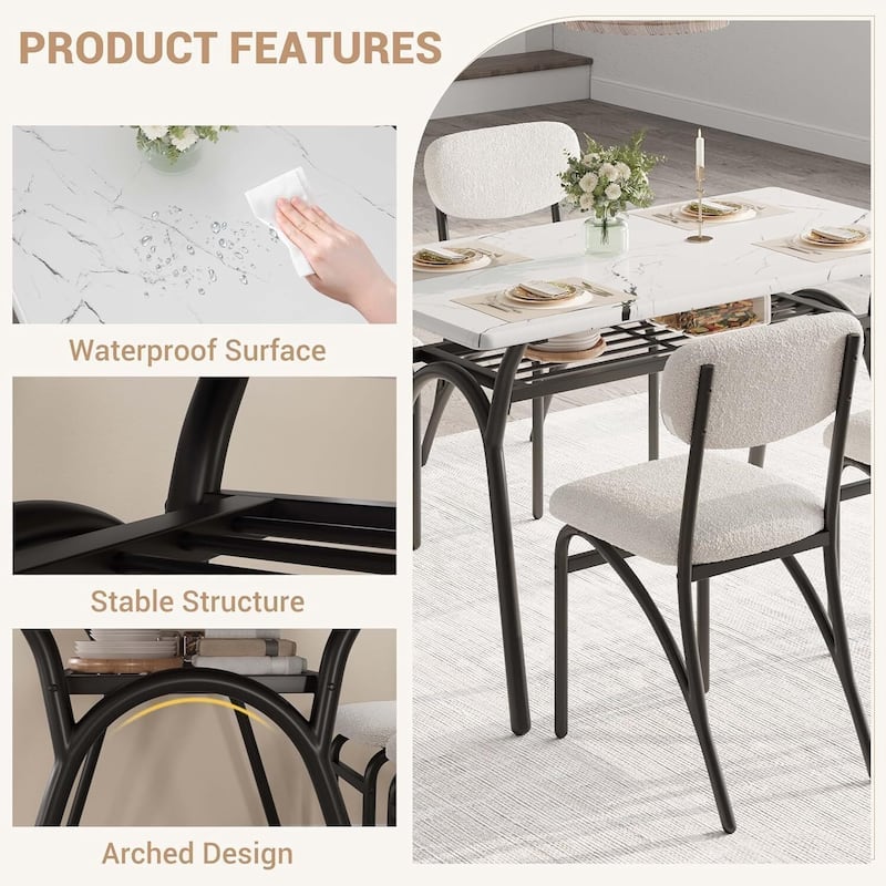 Dining Table Set for 4, with 4 Boucle Chairs and Storage Rack