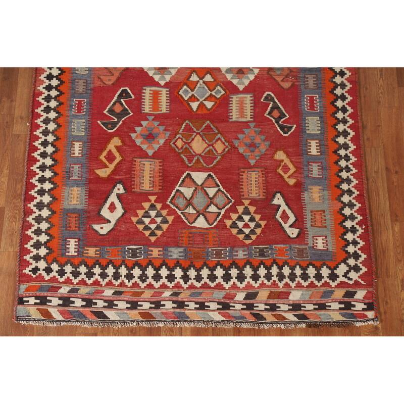 Vegetable Dye Kilim Qashqai Persian Antique Area Rug Red Wool Carpet - 4'10"x 9'8"