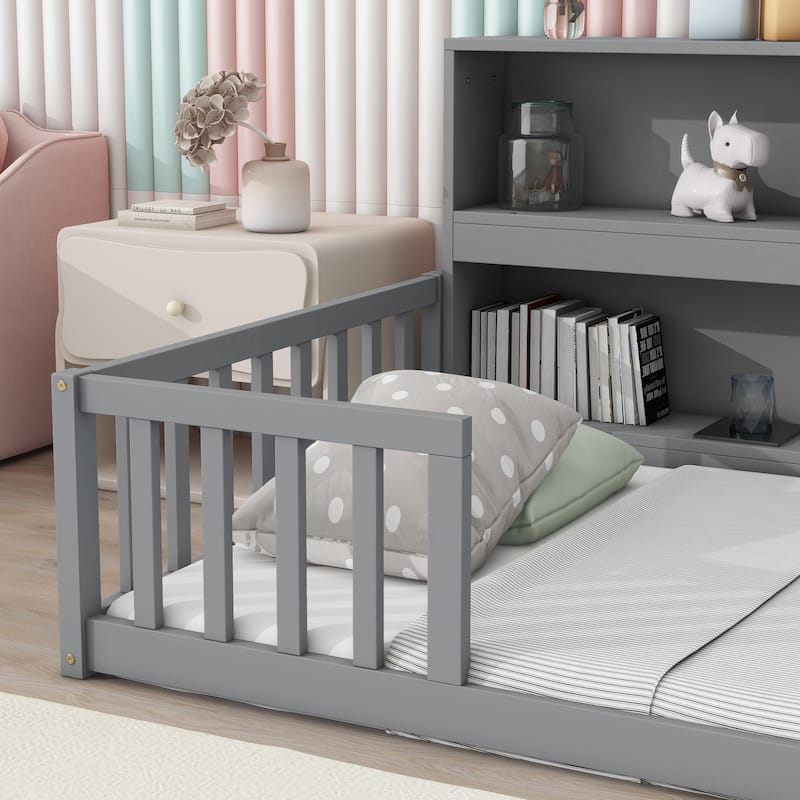 Twin Floor Bed with Bedside Bookcase,Shelves,Guardrails