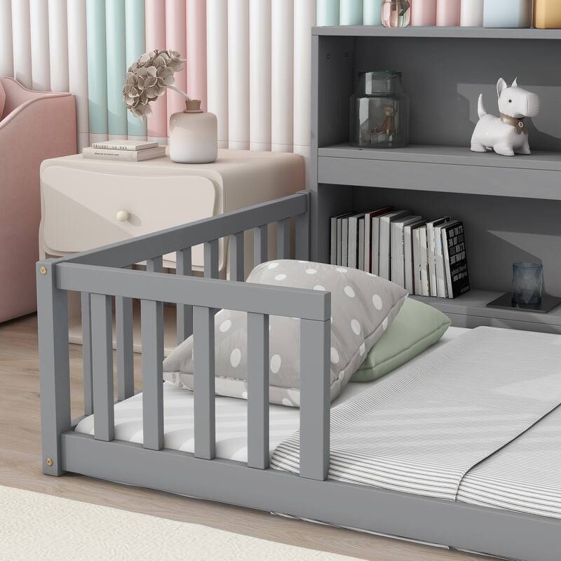 Twin Size Pine Floor Bed with Bookcase & Guardrails