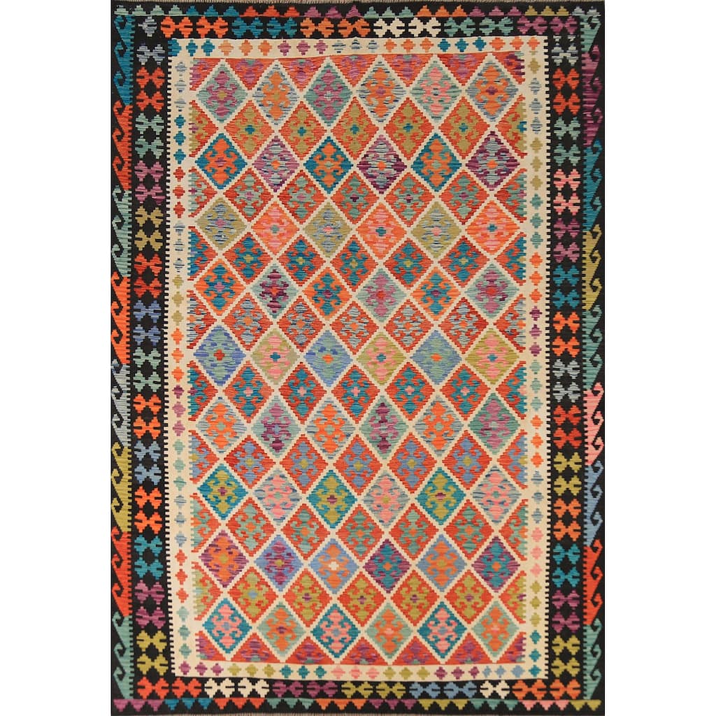 Colorful Trellis Kilim Area Rug Hand-Woven Wool Carpet - 8'3" x 11'8"