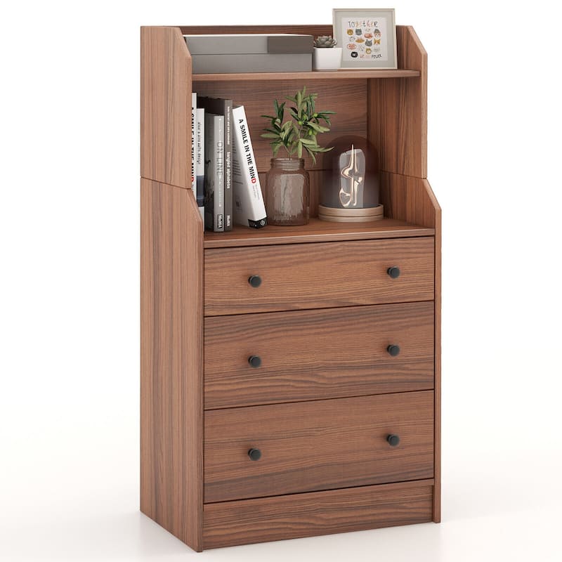 Gymax 3-Drawer Dresser 44'' Tall Wood Storage Organizer Chest w/ 2 - 3-drawer - Walnut