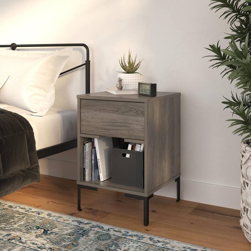 Industrial Edge Nightstand with Drawer and Open Storage - Oak