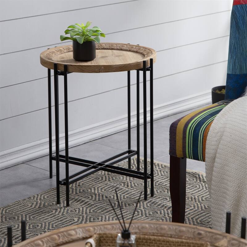 Round Side Table with Wood Top, End Table for Living Room Bedroom