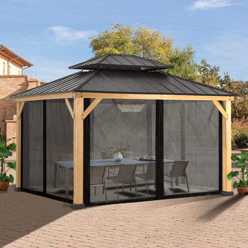 Cozywor 13 ft. x 11 ft. Wood Gazebo with Mosquito Netting Double Steel Roof Hardtop