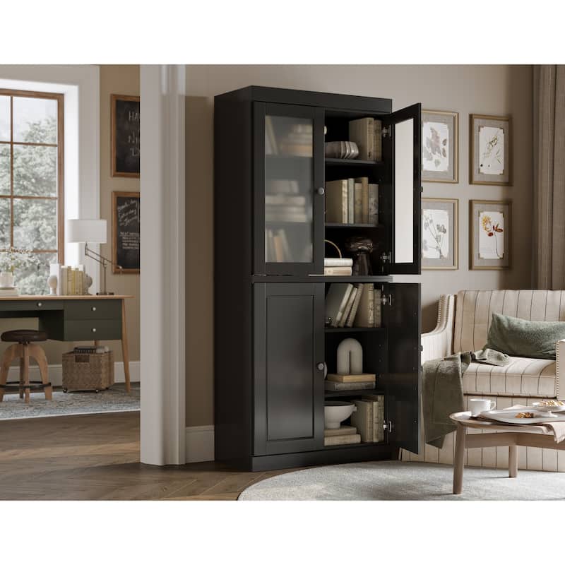 100% Solid Wood 6-Shelf Bookcase with Optional Doors by Palace Imports - 4 Dr Frosted/Wood - Black