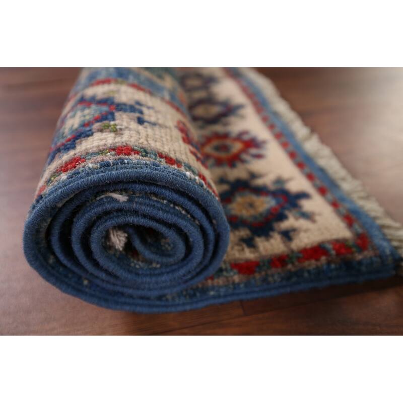 Blue Geometric Kazak Accent Rug Handmade Wool Carpet - 2'0" x 3'2"