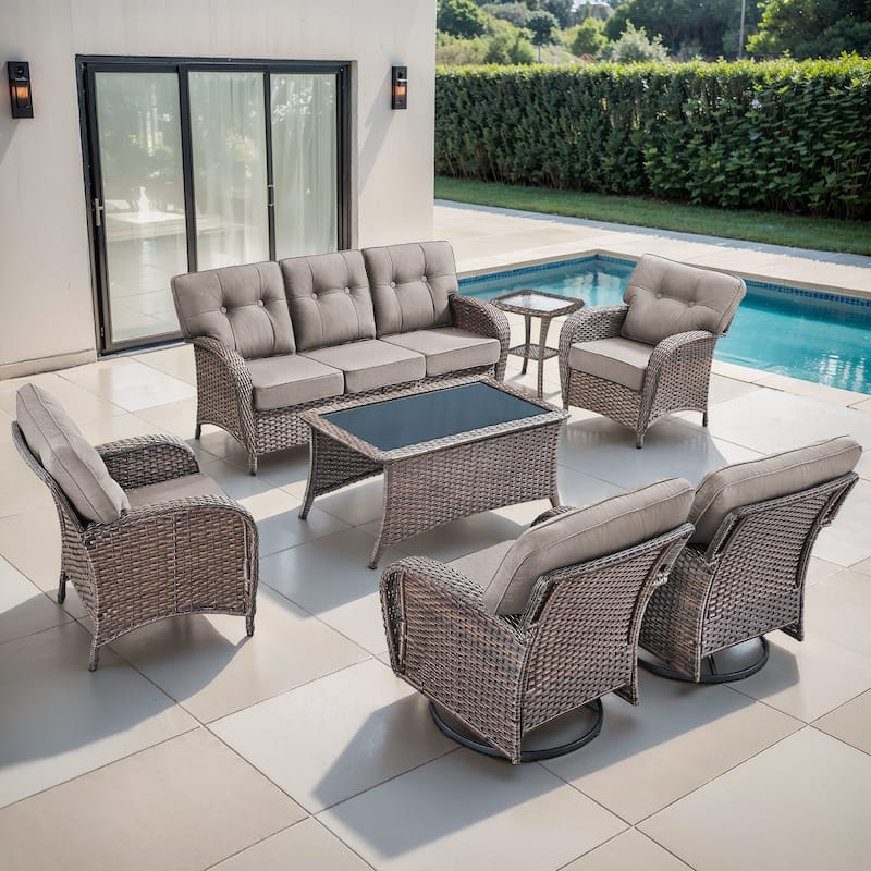 TWrap 7-Piece Patio Brown Wicker Sofa Conversation Set with 5-Inch Thick Cushions