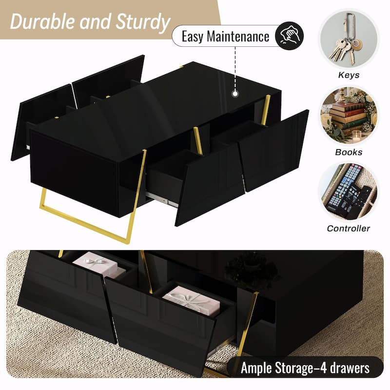 47.2" Modern Rectangular High Gloss Coffee Table - 4 Drawers, Storage, Gold Base