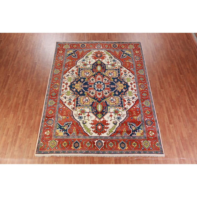 Ivory & Orange Medallion Heriz Serapi Indian Area Rug 9x12 - 9' x 12'