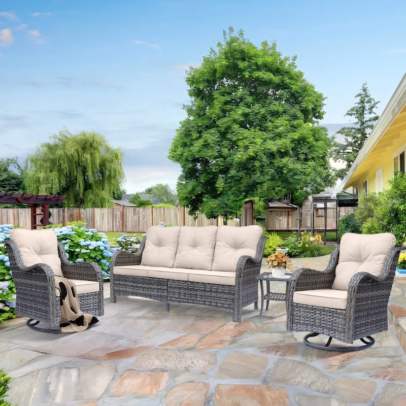 Rattan Wicker Outdoor Patio Furniture Set Swivel chairs with Cushions - 4 Piece - Beige/Gray Wicker