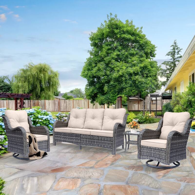 Wicker Patio Furniture Set-Patio Conversation Sets with Swivel Chairs - 4 Piece - Beige/Gray Wicker