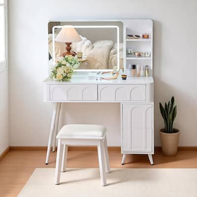 Makeup Vanity Desk with Lighted Mirror, 4 Drawer Dressing Table with Stool, Touch Sensor & Adjustable Length