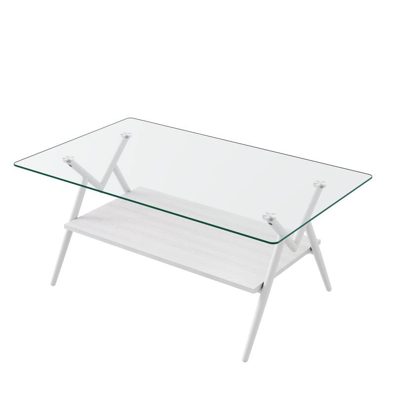 Rectangle Coffee Table with Tempered Glass top and White Metal Legs - N/A