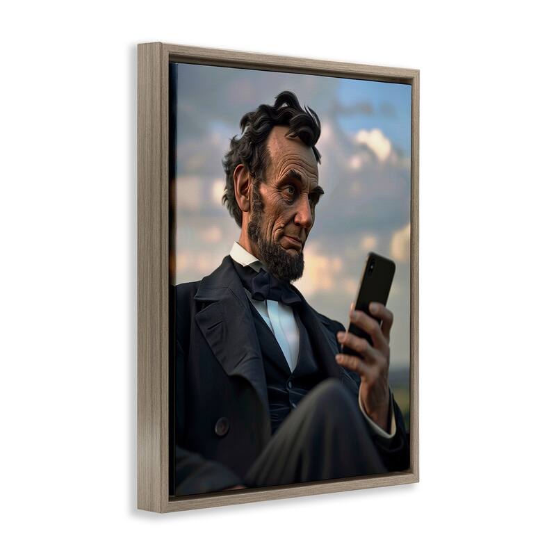 Stupell Abe Lincoln with Cellphone Framed Floater Canvas Wall Art Design By Michael McKinney