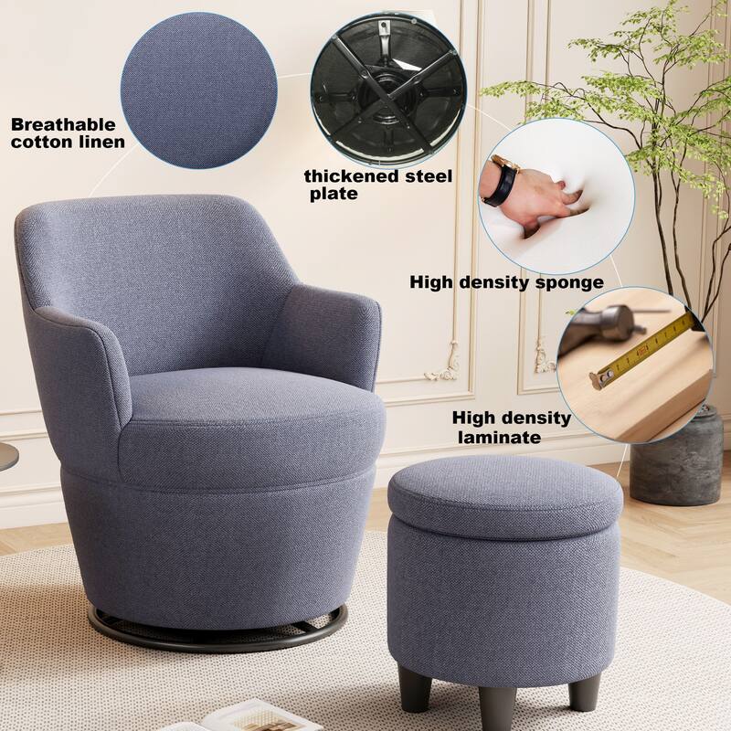 Swivel Accent Chair with Storage Ottoman, Modern Lounge Sofa Chair Barrel Chair Arm Chair with Nail Trim