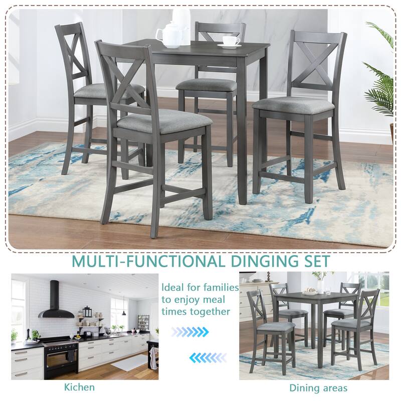 5 Piece Dining Table Set, Wooden Counter Height Kitchen Table Set with 1 Square Table and 4 Upholstered Chairs